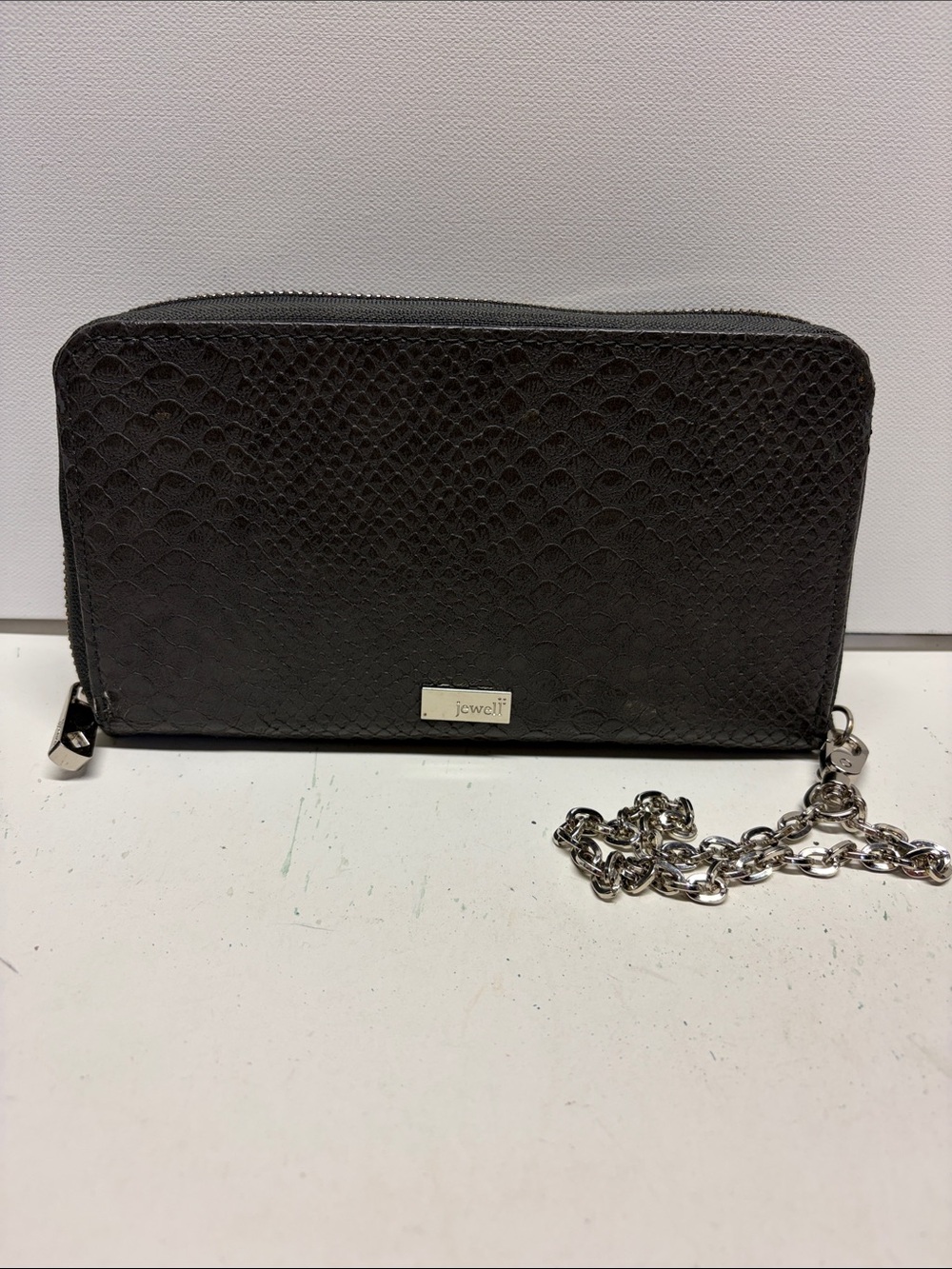 Black Textured Zip Wallet Clutch with Chain